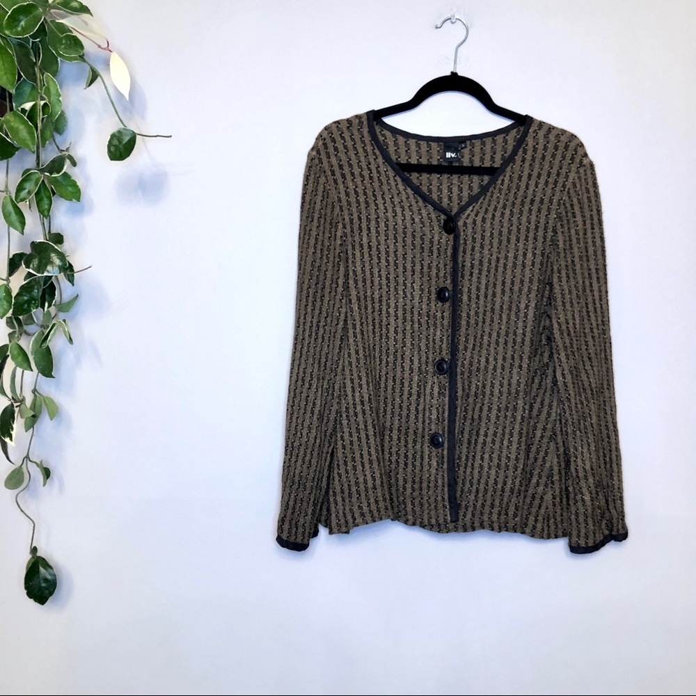 LIV linen rayon button up jacket brown black Made in USA L similar to FLAX